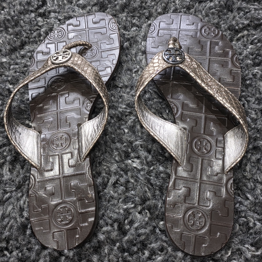 Tory Burch Metallic Bronze Logo Flip Flop Sandals